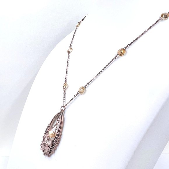New / Handcrafted - Crystal Accent Flower Drop Pendant Copper Tone 16” Necklace - Picture 3 of 8